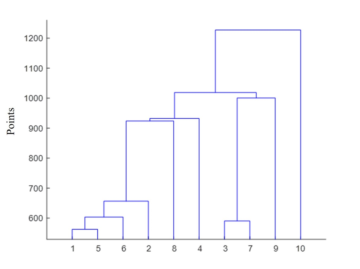Hierarchal cluster (Dendogram) which shows the groups of events starting with the Points obtained with the IAAF Scoring Table