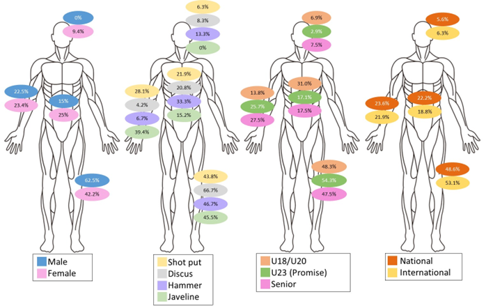 Anatomical  location of injuries based on gender, modality, category, and  competitive level