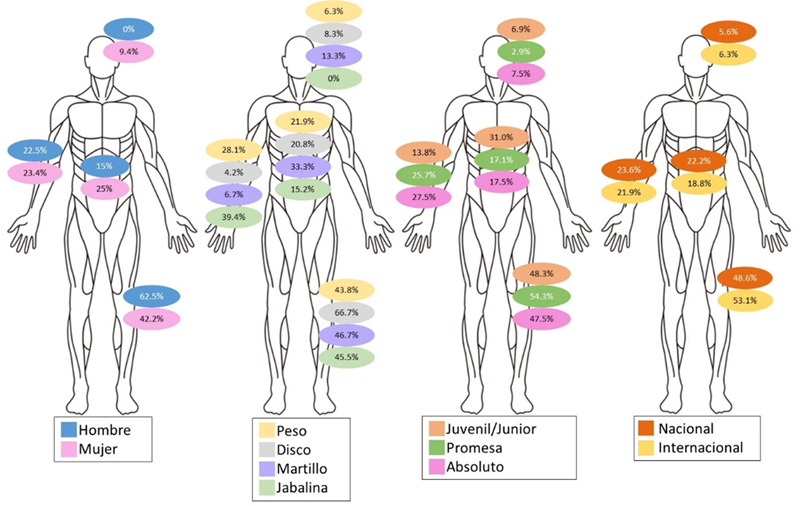 Localización anatómica de las lesiones en función del sexo, modalidad, categoría y nivel competitivo