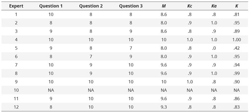 Results obtained  by each participating expert