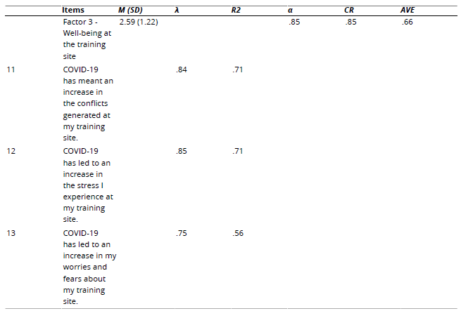 Factor Loadings  (λ), Explained Variance (R2), Composite Reliability (CR), Average Variance Extracted  (AVE), and Cronbach's Alpha (α) of the Scale Indicators