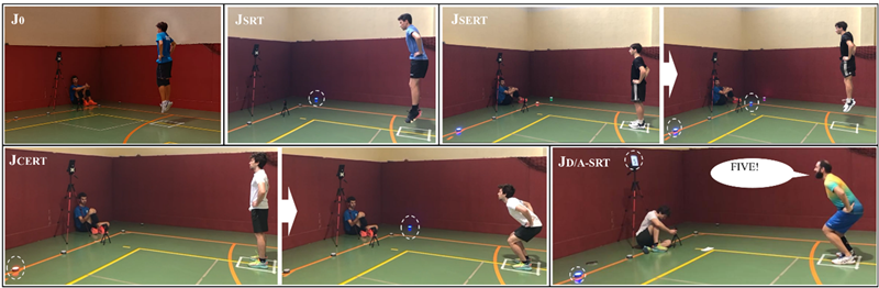 
Illustration of the Different  PC Conditions: J0= Jump Control (video), JSRT= Jump in  a Simple Reaction Time Task (video), JERT=  Jump in a Simple and Elective Reaction Time Task (video), JCERT= Jump  in a Complex and Elective Reaction Time Task (video) and JD-A/SRT=  Jump in a Divided Attention and Simple Reaction Time Task
(video)
